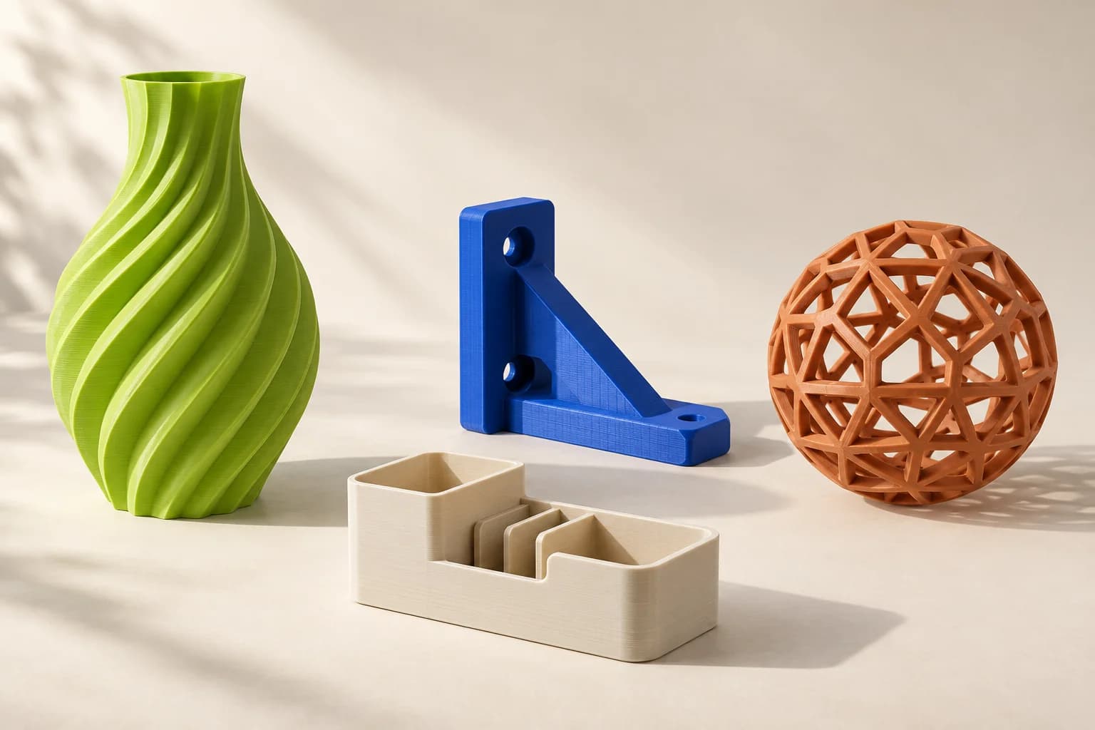 Conceptos originales: florero verde con textura, soporte azul, esfera flexible y organizador