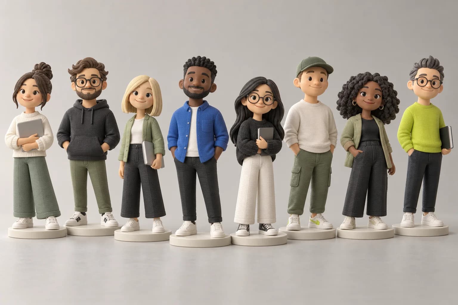 Visualización conceptual de ocho mini figuras originales de un equipo, con distintas poses y vestimenta